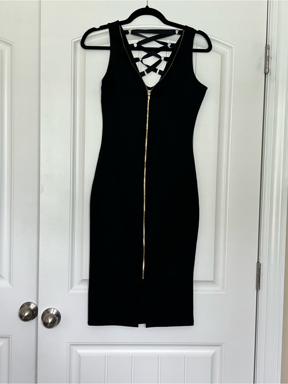 Almost Famous Black Bodycon Midi Dress Gold Front Zip and Lattice Back Size S